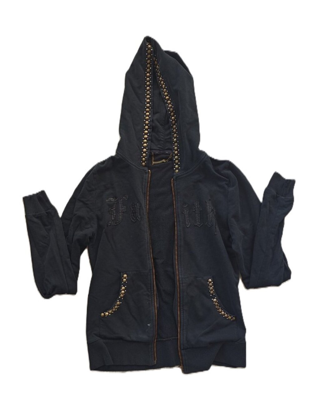 Faith Connexion Studded Zip Hoodie – Graphic Back – Gothic Streetwear – Size Med